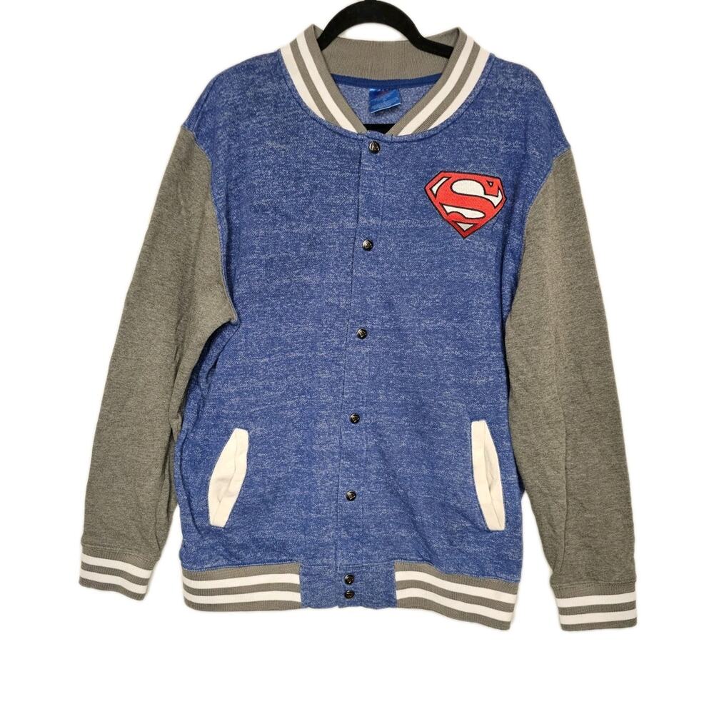 Superman Blue Gray Varsity Jacket Snap Button Logo Striped Ribbing Men's Short L